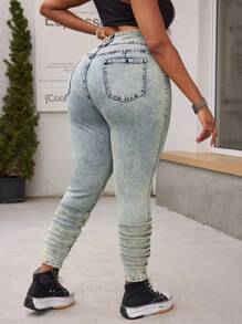 SHEIN SXY 大码做旧牛仔紧身裤，搭配酸洗夏季女装，适合节日牛仔女郎，复古水洗风格