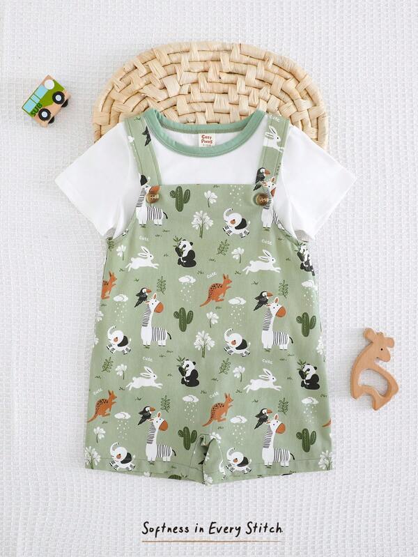 Cozy Pixies Set de 2 piezas de ropa para bebé niño, con parte superior de punto de cuello redondo de unicolor de manga corta y shorts con estampado floral de tirantes