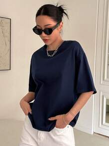 DAZY Letter Graphic Drop Shoulder Tee Oversized T-Shirt - Navy Blue - View 3