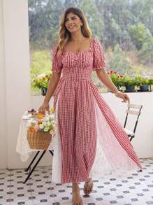 KURAYIA Damen Große Größen Lässig Kleid mit Puffärmeln, Karomuster, Spitze und Netzeinsätzen in Knielänge, eleganter vintage Blumen Romantik Stil, weich & bequem für den Sommer