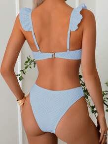 Swim Basics Women's Solid Color Textured Fabric Scoop Neck Bikini Set, For Beach Vacation For Summer