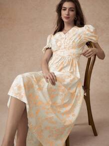 Écloséra Elegant Puff Sleeve V-Neck Cinched Waist Dress, Spring/Summer