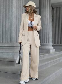 GENKIRA 2 件女式中长腰修身西装外套和喇叭裤套装 - 卡其色 - 查看 6