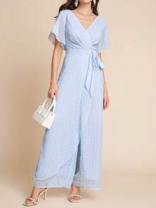 Amorya Solid Color Texture Flower Cutting Saint Patrick Day Butterfly Sleeve Wrap Belted Wide Leg Jumpsuit - Blue - View 5