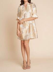 Amorya 夏季优雅提花女式V领荷叶边袖收腰A字短款连衣裙 - 彩色 - 查看 8