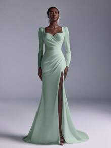 Elitara 优雅奢华弹力缎面褶饰美人鱼晚礼服，带拖尾，适合婚礼、单身派对、度假、舞会、蜜月、新娘