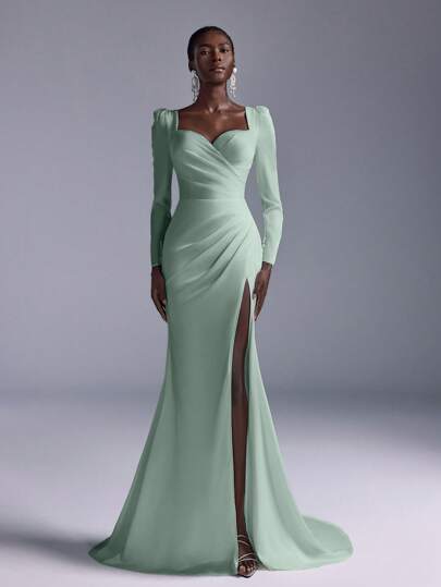 Elitara Elegant lyxig stretchig satin med rynkad sjöjungfruklänning och släp, lämplig för bröllop, möhippa, semester, bal, smekmånad, brud