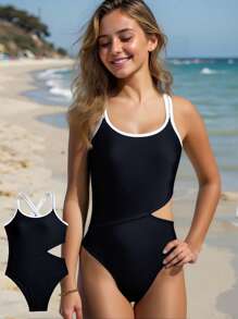 SHEIN Tween Girl Casual Minimalist Comfortable Criss-Cross Back Cutout Monokini Swimsuit