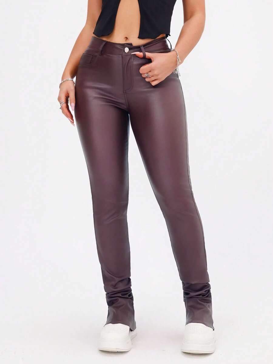 Women's Solid Color High Waist Casual Skinny Pocket Pants Fall Cloth For Women - Brown - View 1
