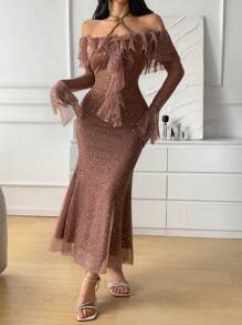 DAZY Women's Elegant Ruffle Flare Sleeve Fish Tail Hem Midi Dress Prom Dress Sequin - Champagne - View 5