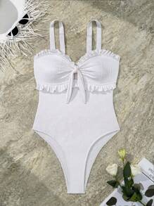 SHEIN Swim 女士夏季纯色高腰荷叶边蝴蝶结连体泳衣 - 白色 - 查看 3