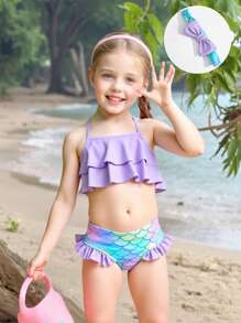 Young Girl Fish Scales Print Ruffle Trim Bikini Set With Headband Summer Beach - Multicolor - View 4