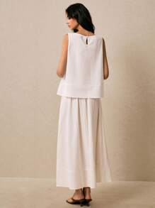 Poéselle Old Money 亚麻宽松白色无袖上衣和长裙套装 - 女士夏季亚麻简约两件套，Old Money 风格，夏季亚麻搭配套装，白色亚麻半裙套装，女士度假装，飘逸长裙套装，优雅休闲套装 - 白色 - 查看 2