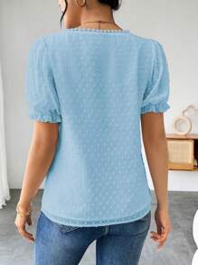 SHEIN Clasi Women's Solid Color Swiss Dot Ruffle V-Neck Puff Sleeve Blouse - Baby Blue - View 2
