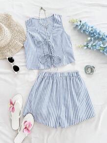 Soleia Conjunto de 2 piezas para vacaciones, compuesto por shorts sueltos con decoración de lazo y estampado de rayas azul y blanco en estilo fresco de macarrón, adecuado para uso casual en verano como graduaciones y bodas