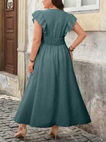 SHEIN Clasi Plus Size Women V-Neck Ruffle Hem A-Line Casual Dress For Daily Outing, Spring/Summer