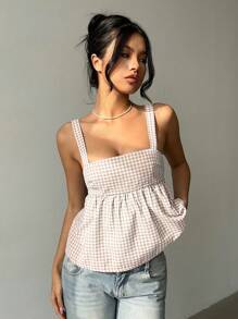 Aloruh 格子蝴蝶结装饰女士荷叶边下摆吊带背心，露背上衣