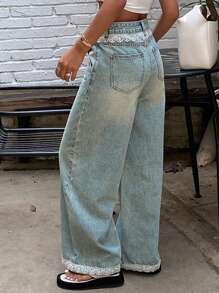 Livesso Jeans casual a gamba dritta in stile patchwork di pizzo per donne