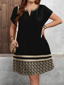 SHEIN LUNE Casual Simple Color Block Retro Print Pattern Loose Fit Plus Size Short Sleeve Dress, Suitable For Summer Suitable For Going Out Chic Dress - Multicolor - View 4