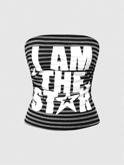 J-Fashion Débardeur femme plissé à la taille avec slogan Y2K et imprimé étoile à cinq branches, style Kpop