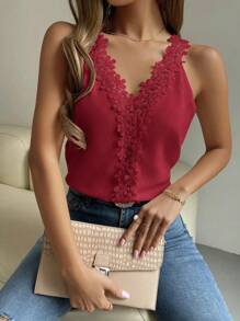 Chiquease Áo ba lỗ cổ chữ V đính vải trơn màu, thích hợp cho mùa hè - Màu Đỏ Sâu - Xem 6