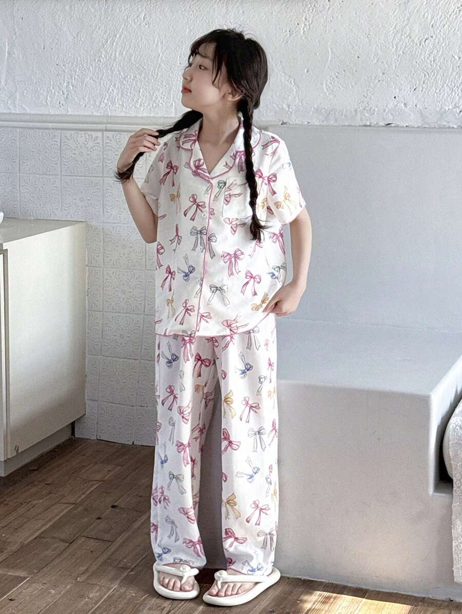 SHEIN Tween Girl Cartoon Colorful Bow Print Collared Button Down Short Sleeve Loose Woven Pajama Set, 2pcs - Baby Pink - View 1