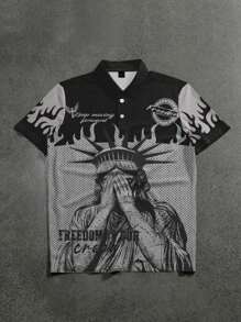 SHEIN Teen Boys' Loose Dropped Shoulder Casual Statue Print POLO Shirt, Suitable For Summer