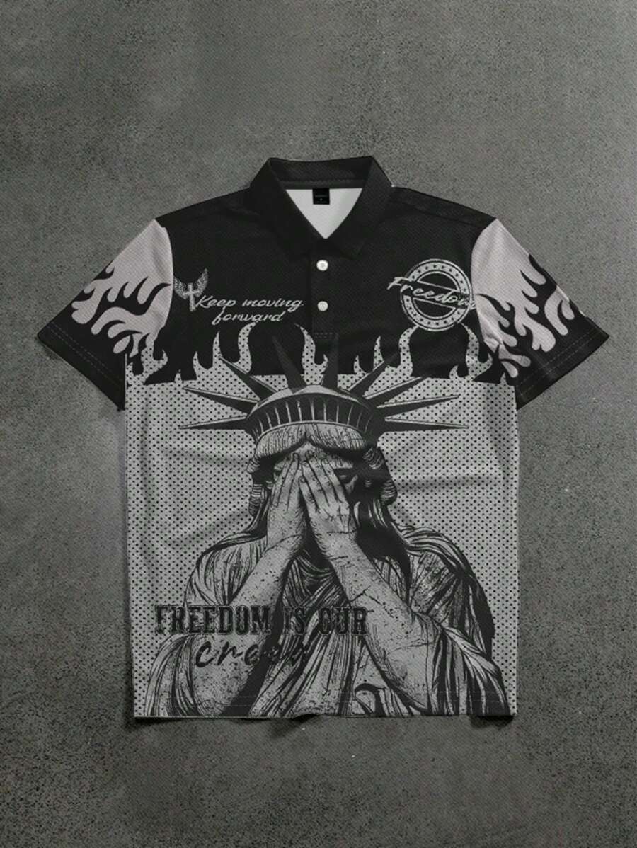 SHEIN Teen Boys' Loose Dropped Shoulder Casual Statue Print POLO Shirt, Suitable For Summer