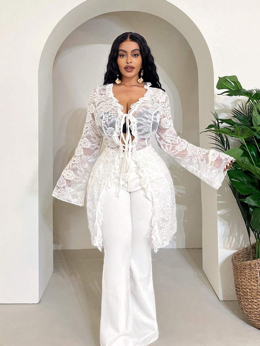 Maweii Plus Size Women Elegant Sexy Lace See-Through Ribbon Ruffle Hem Long Sleeve Jacket Fall Winter Cloth For Women - White - View 1