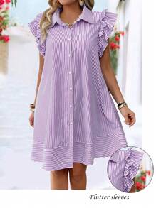 SHEIN LUNE Gaun Kasual Lengan Pendek Bermotif Garis-garis Ukuran Plus, Kancing Depan, Musim Semi/Panas - Purple - View 4