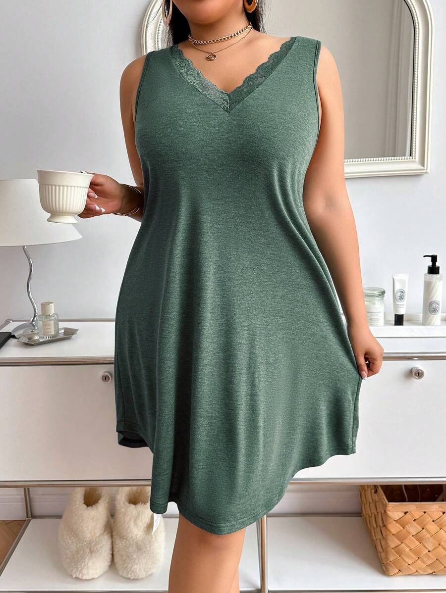 SHEIN V-Neck Lace Trim Sleeveless Casual Nightgown, Soft & Comfortable Home Dress - Green - View 1