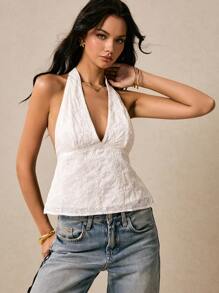 Poéselle Top tipo halter sin espalda de unicolor con bordado y diseño calado, para mujer, de verano