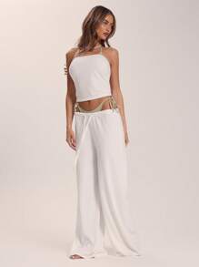 Musera Resort Confezione di 2 pezzi: top a fascia lungo in spugna e pantaloni a vita bassa e zampa d'elefante, coordinato, copricostume per vacanze estive, spiaggia e mare, carino