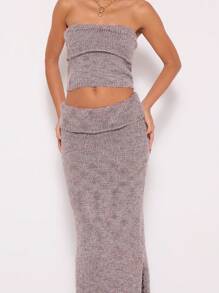MUSERA Knit Foldover Maxi Skirt & Bandeau Crop Top Set Sexy Winter Spring Cosy Date Night Elegant - Brown - View 5