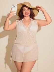 SHEIN Swim Curve Vestido estilo kimono sin mangas de unicolor para mujer de talla grande, para uso en vacaciones - Albaricoque - Ver 6