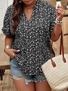 SHEIN LUNE 大码女式随机碎花蝙蝠袖休闲衬衫 - 黑色 - 查看 4
