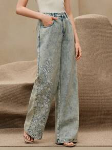 Anewsta 春节、情人节、节日及休闲优雅花卉刺绣女裤 - 水鴨藍 - 查看 5