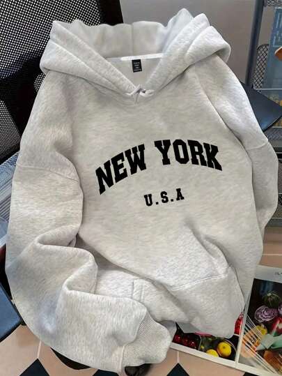 SHEIN MOOSTA Plusstorlek Dambokstäver 'NEW YORK U.S.A' Stadsnamn Grafiskt Tryck Termo Dragsko Hoodie Examen, Tillbaka till skolan, Examen, Lärare, Tillbaka till skolan Pullover Höst Vinter Höst