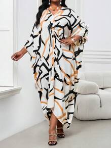 SHEIN Lady Plus Size Elegant Commuter All-Over Print Batwing Sleeve Dress - Multicolor - View 5