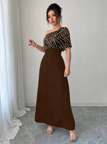 SHEIN Unity Asymmetrical Collar Striped Patchwork Bodycon Sexy Party Dress - Brown - View 5