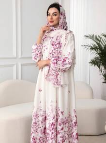 SHEIN Najma Váy thanh lịch in hoa nhún bèo kèm khăn trùm đầu - Hồng - Xem 3