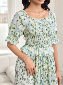 Modelyn 2pcs Set: Romantic Square Collar Puff Sleeve Blouse + Pleated Hem Skirt, Spring/Summer - Green - View 3