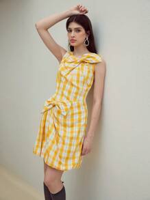 MOTF STUDIO 格子蝴蝶结装饰连衣裙 - 黃色 - 查看 5