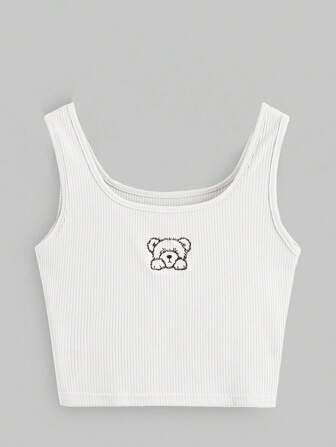 Kawaii Top court brodé avec motif ours de dessin animé mignon