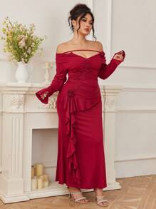 Modelyn Women's Ruffle Ribbon Floral Decor Design Elegant Date Night Midi Dress - Red - View 3