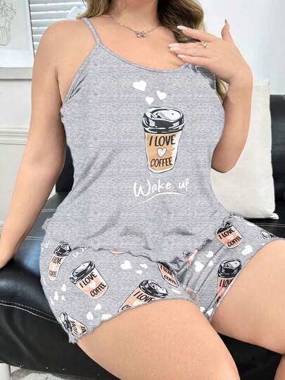 SHEIN 大码咖啡杯印花吊带背心和短裤睡衣套装