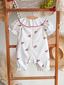 SHEIN Infant Girls' Pleated Peter Pan Collar Bubble Sleeves, Fruit & Cherry Print Jumpsuit With Hidden Zipper, Comfy & Cute Sweet Design, Suitable For Home & Outdoor, Spring/Summer/Autumn - Multicolor - View 2
