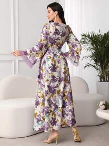 SHEIN Najma Váy thắt eo lưới in họa tiết phong cách Ả Rập dành cho nữ, Xuân/Hè - Màu tím - Xem 5