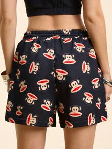 Paul Frank X SHEIN Women's Summer Casual Monkey Print Drawstring Waist Shorts,Bohemian Clothes - Black - View 2