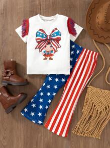Young Girl Cartoon Print Short Sleeve Top And American Flag Print Flare Pants Casual 2 Pieces Set - White - View 2
